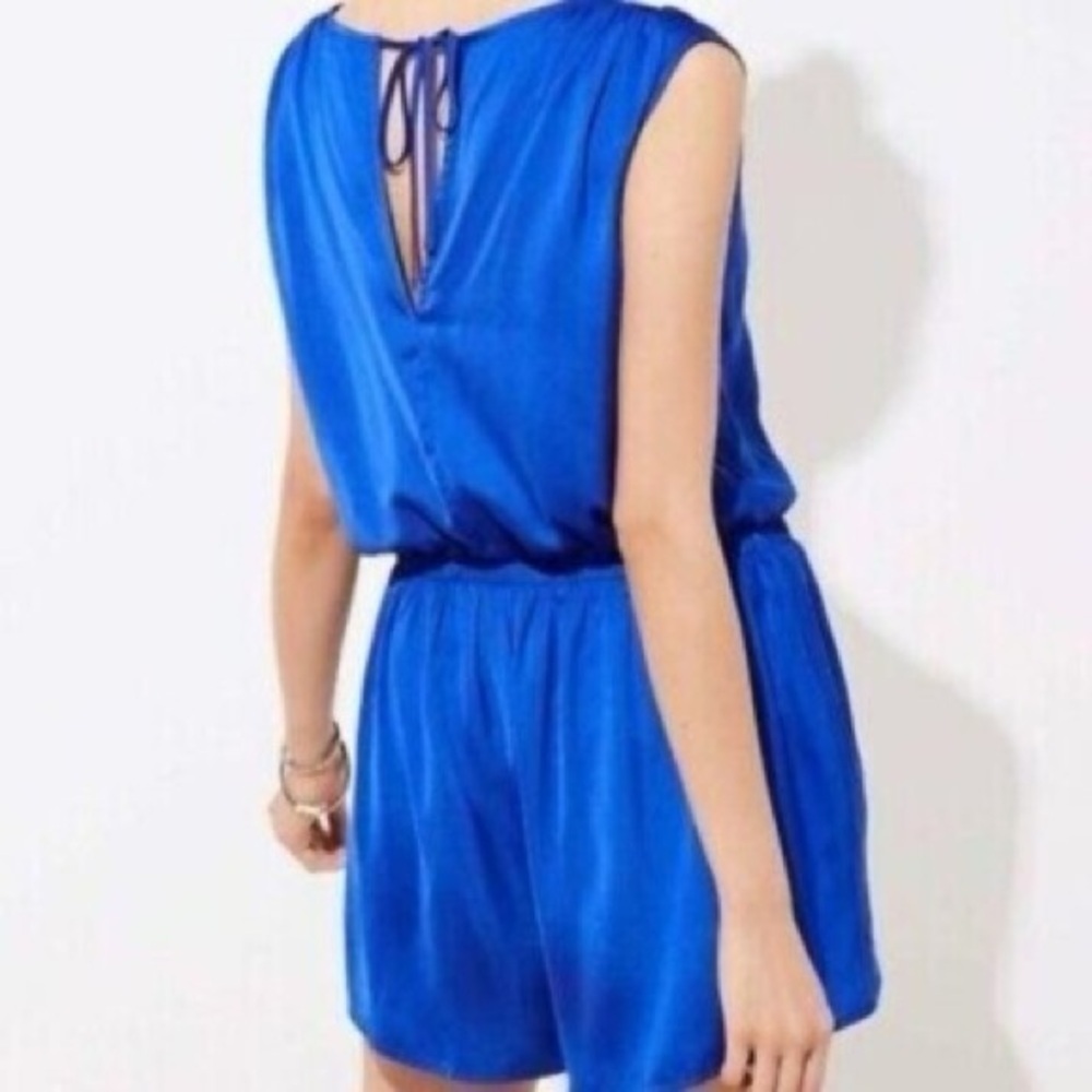 Ann Taylor Loft Silky Romper XXS Petite Royal Blue VNeck Open Back Shorts Dressy - Picture 2 of 10